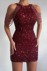 Burgunderrotes Mini-Partykleid mit Kristallquaste und Pailletten
